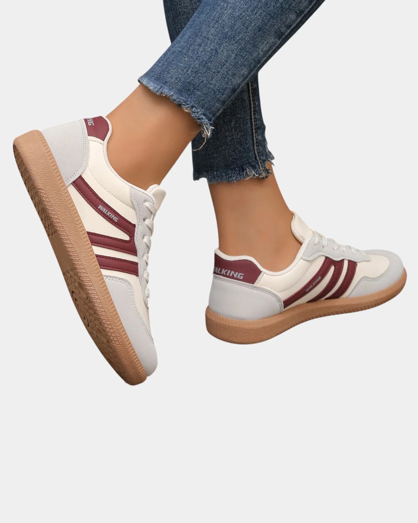 White orthopedic sneakers with burgundy side stripes and tan gum sole