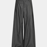 Dark gray wide-leg pants, flat front view with waistband and center crease