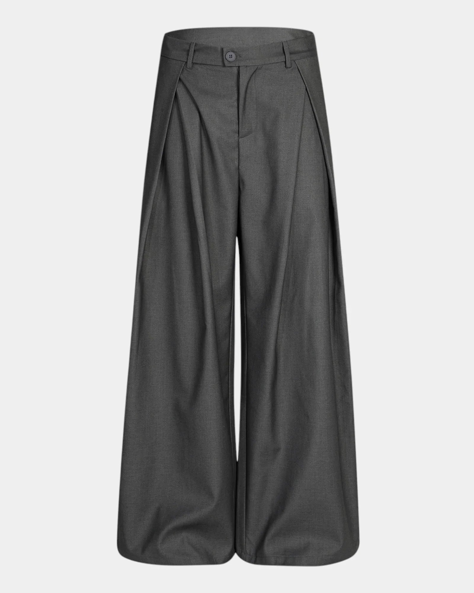 Dark gray wide-leg pants, flat front view with waistband and center crease