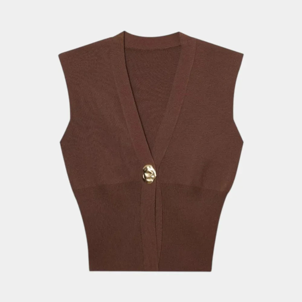 Brown knit sleeveless vest with V-neck and gold button detail
