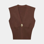 Brown knit sleeveless vest with V-neck and gold button detail