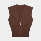 Brown knit sleeveless vest with V-neck and gold button detail