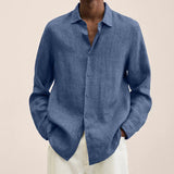 Medium blue linen-look long-sleeve button-up shirt with pointed collar.
