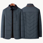 Navy quilted winter jacket set, front view and back view with brown collar trim