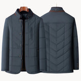 Navy quilted winter jacket set, front view and back view with brown collar trim