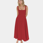Red sleeveless fit-and-flare midi dress with square neckline