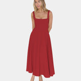 Red sleeveless fit-and-flare midi dress with square neckline