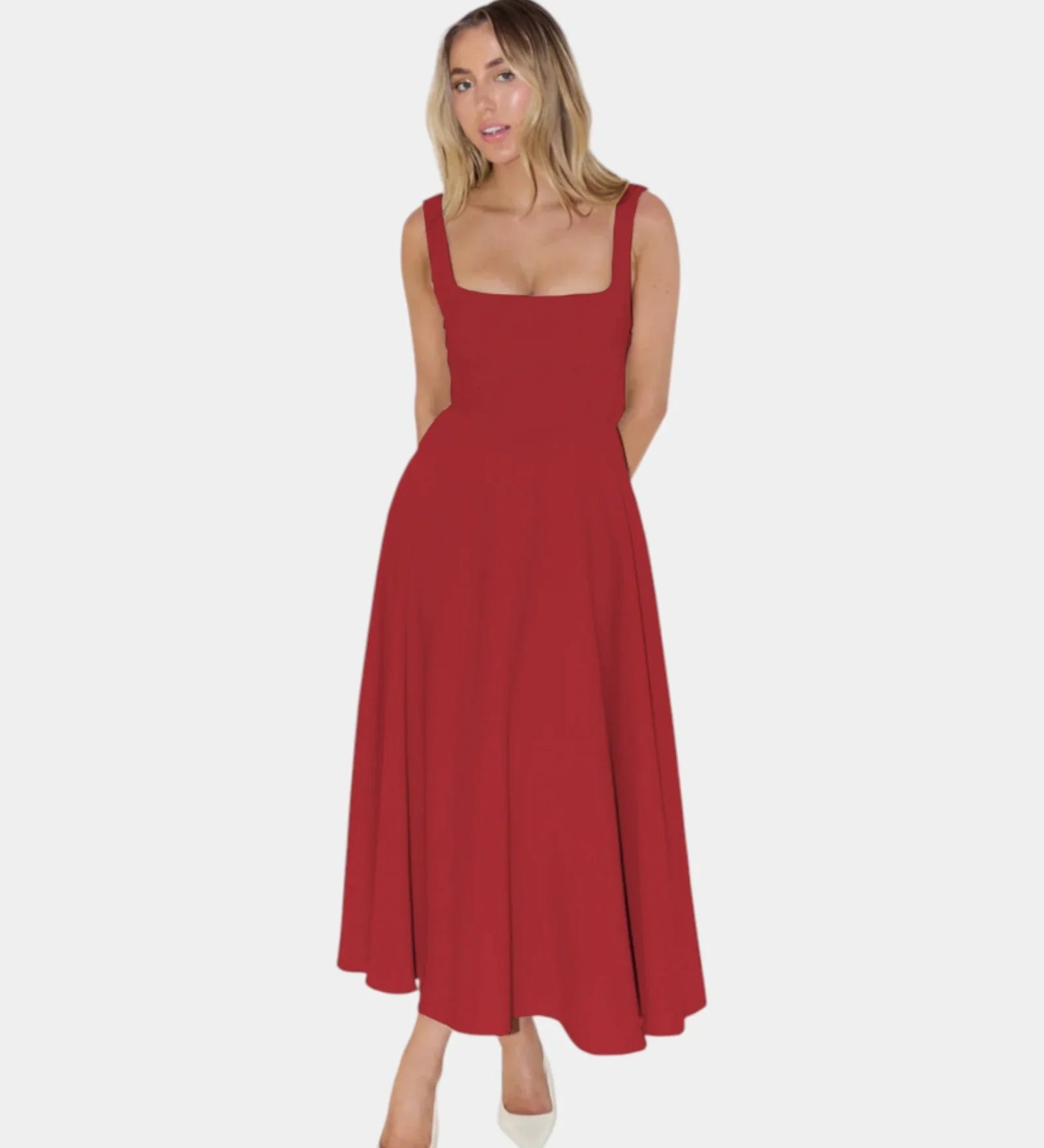 Red sleeveless fit-and-flare midi dress with square neckline