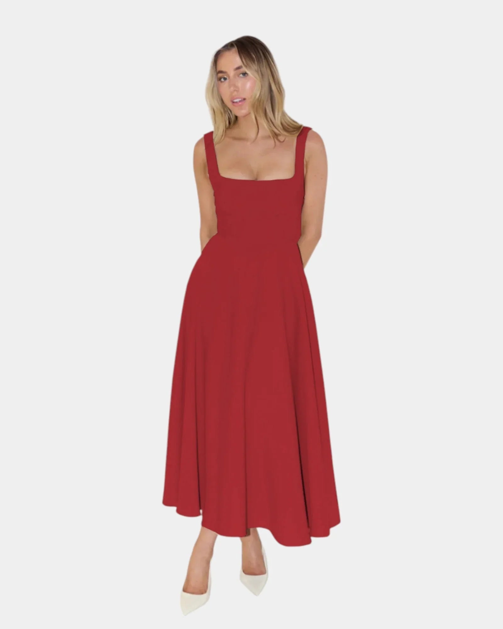 Red sleeveless fit-and-flare midi dress with square neckline