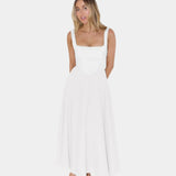 White sleeveless fit-and-flare midi dress with square neckline