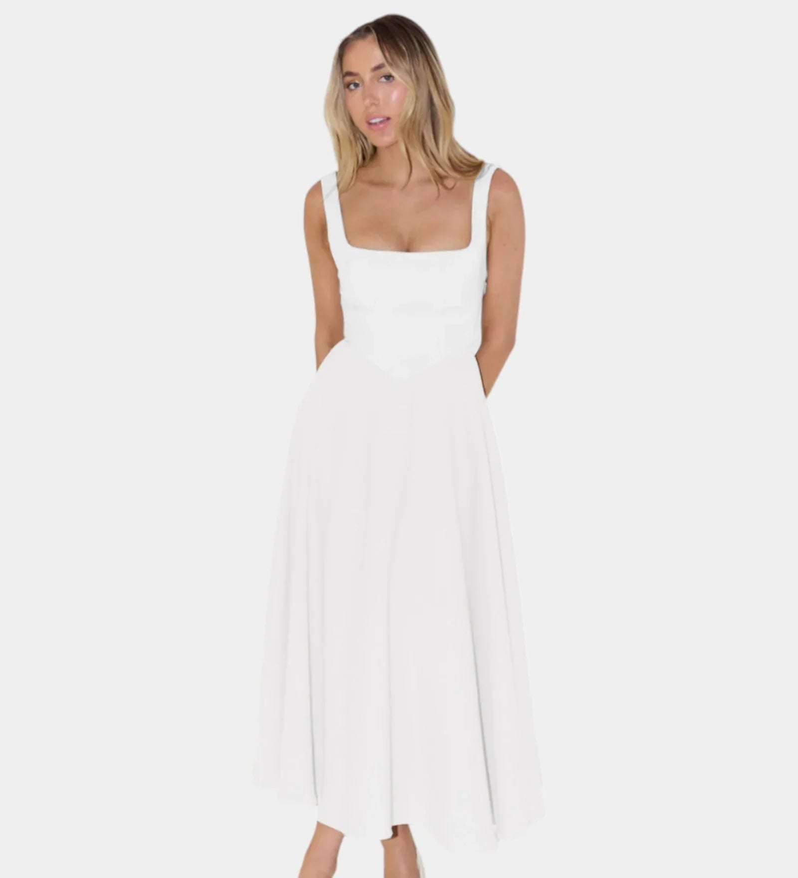 White sleeveless fit-and-flare midi dress with square neckline