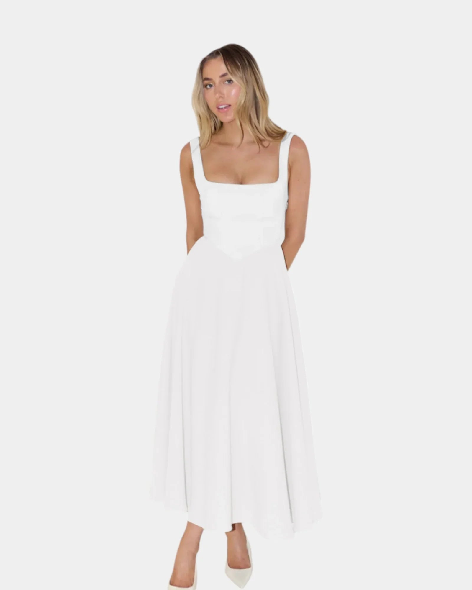 White sleeveless fit-and-flare midi dress with square neckline