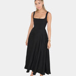 Black sleeveless fit-and-flare midi dress with square neckline