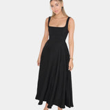 Black sleeveless fit-and-flare midi dress with square neckline