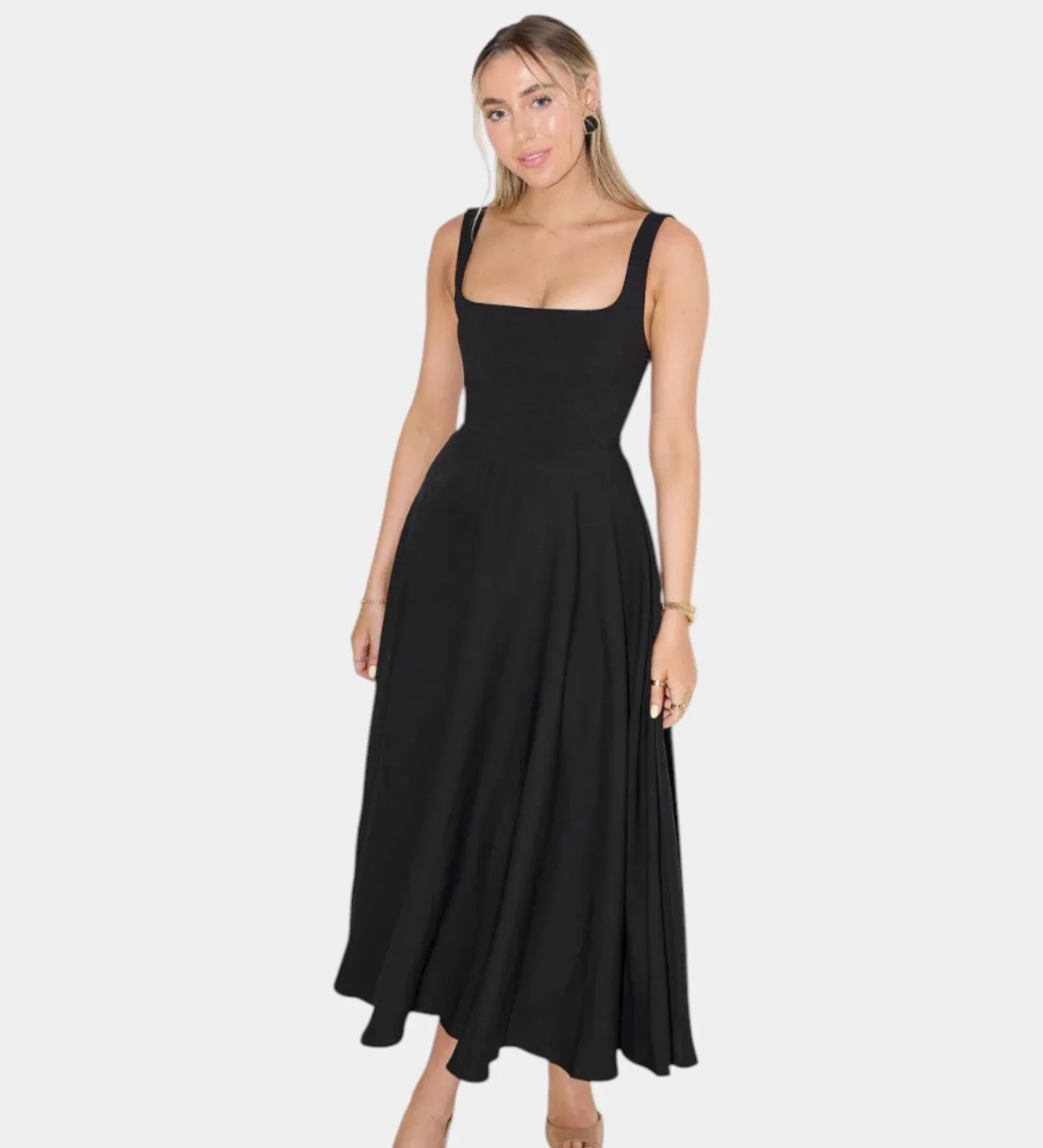 Black sleeveless fit-and-flare midi dress with square neckline