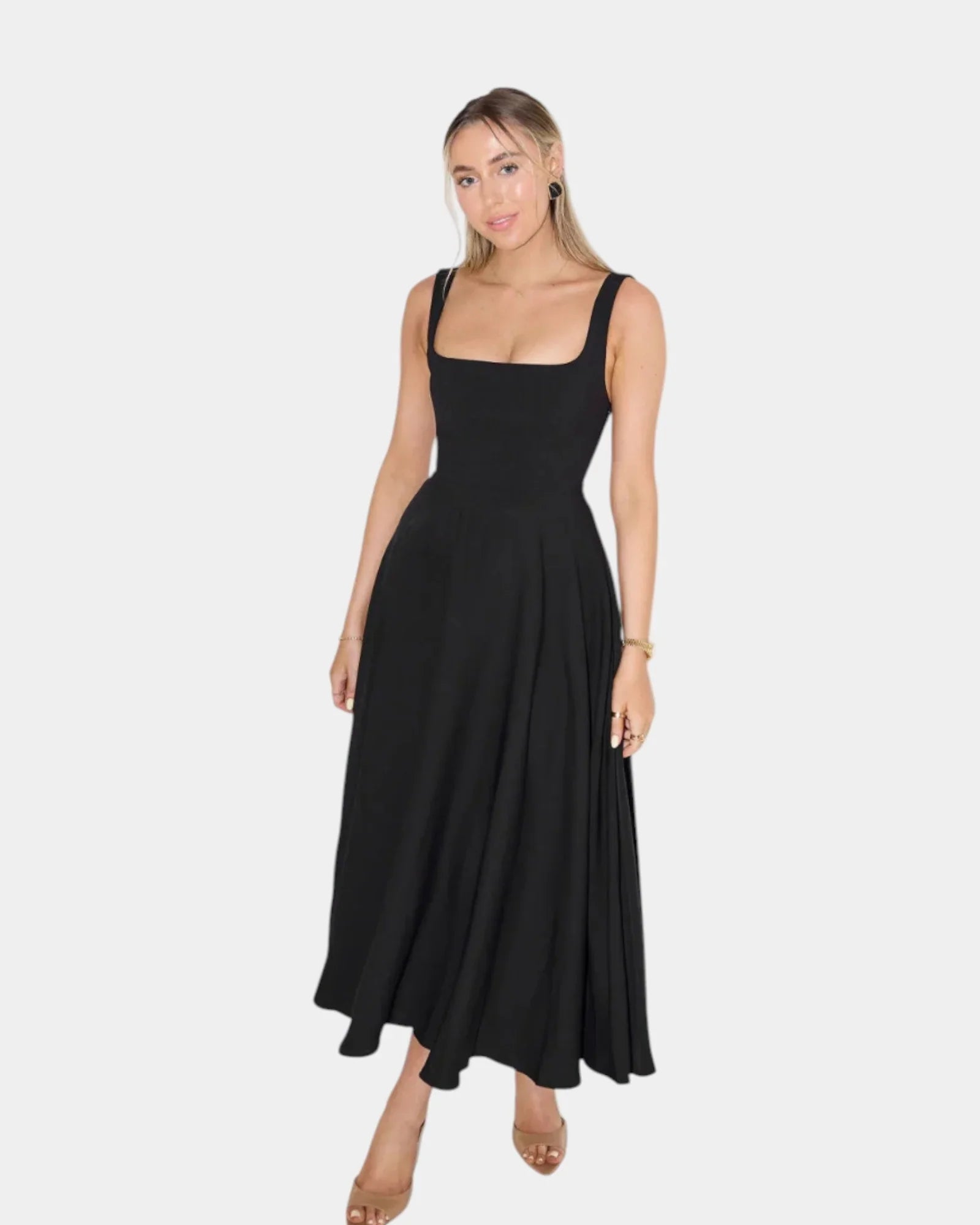 Black sleeveless fit-and-flare midi dress with square neckline