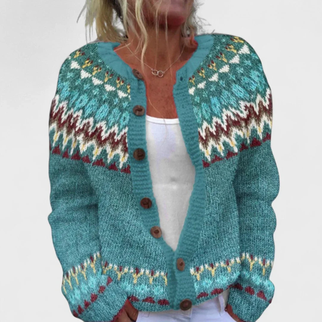 Deep teal knit cardigan with multicolor fair isle pattern and button front