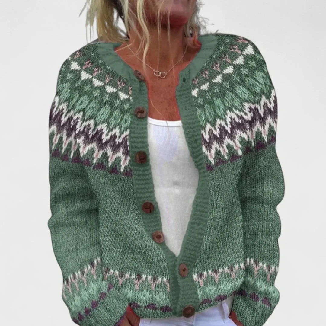 Forest green knit cardigan with multicolor fair isle pattern and button front