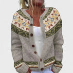 Light gray knit cardigan with fair isle yoke, multicolor stripes, button front