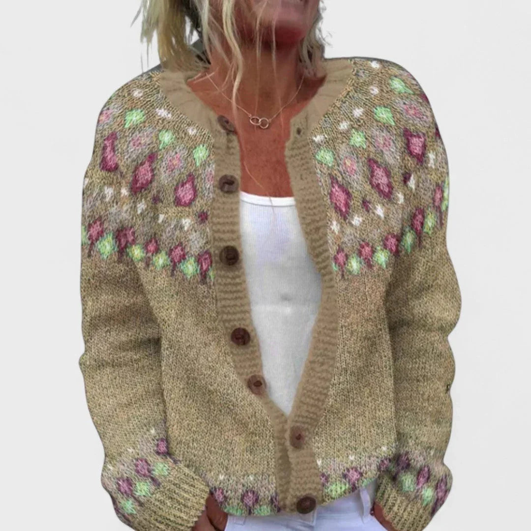 Khaki knit cardigan with multicolor stitched motifs and button front