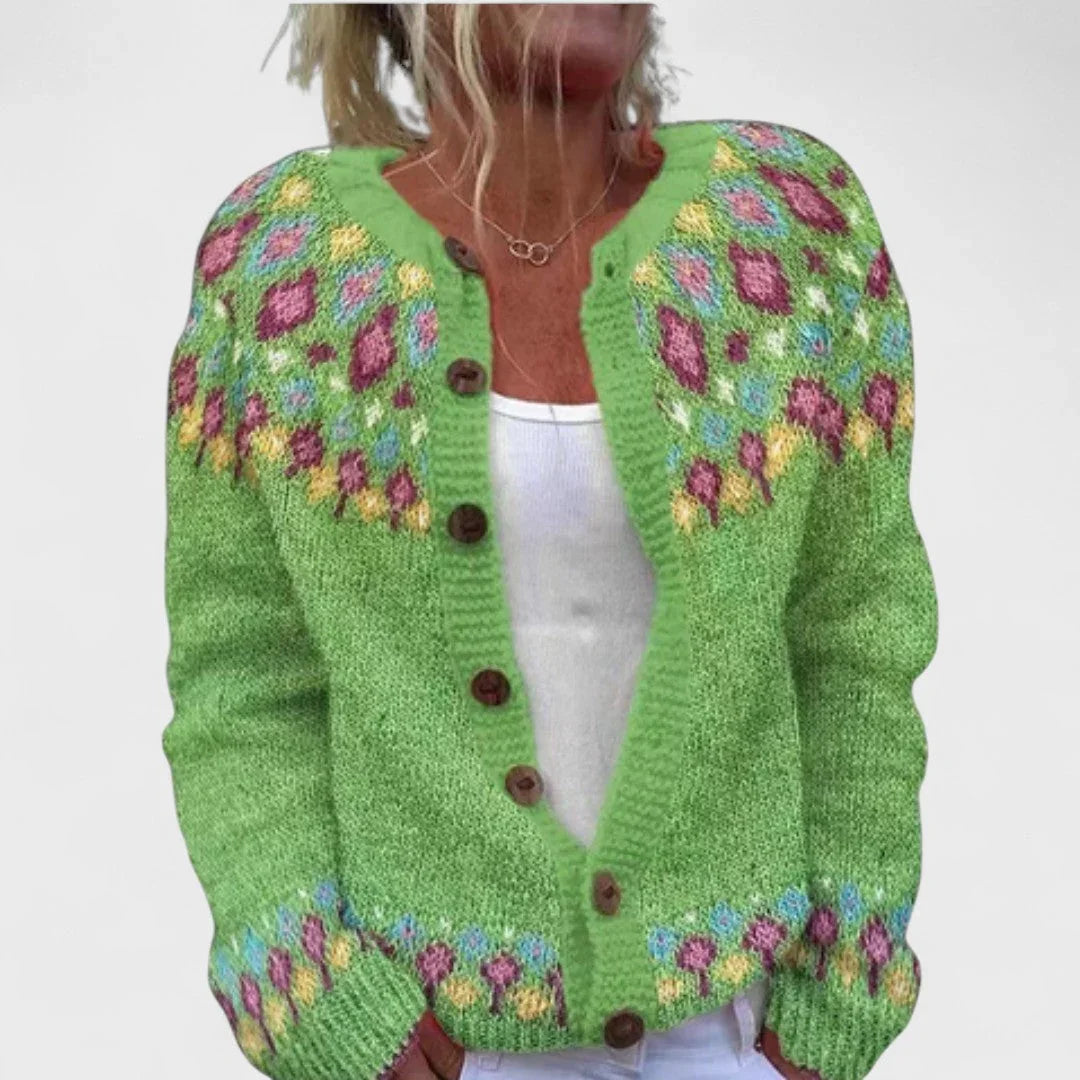 Lemon green knit cardigan with multicolor stitched motifs and button front