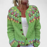 Lemon green knit cardigan with multicolor stitched motifs and button front