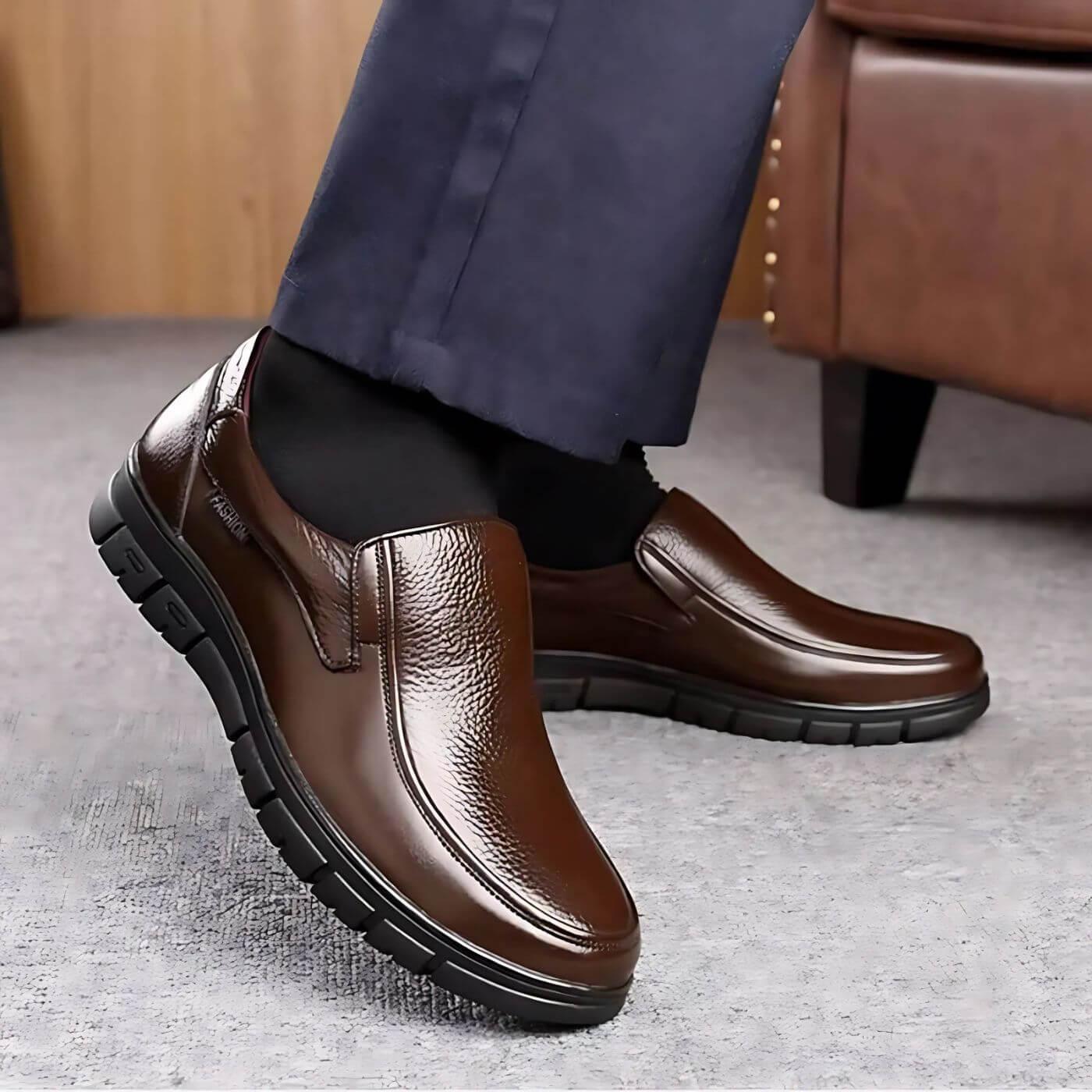 Brown leather slip-on non-slip shoes with cushioned collar and chunky tread sole