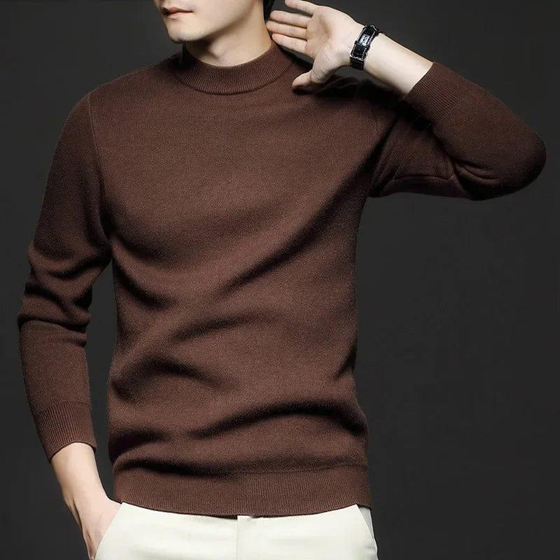 Brown high-neck knit sweater with long sleeves and ribbed hem.
