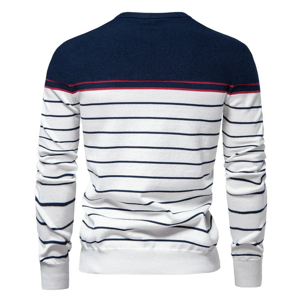 Men's striped knit sweater, navy and white with red trim, crew neck, long sleeves (back view)