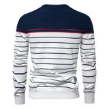 Men's striped knit sweater, navy and white with red trim, crew neck, long sleeves (back view)