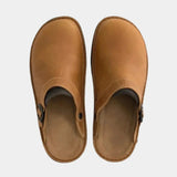 Tan suede clogs pair with adjustable buckle straps and rubber soles.
