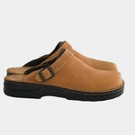 Brown suede clog with adjustable buckle strap and dark rubber sole.