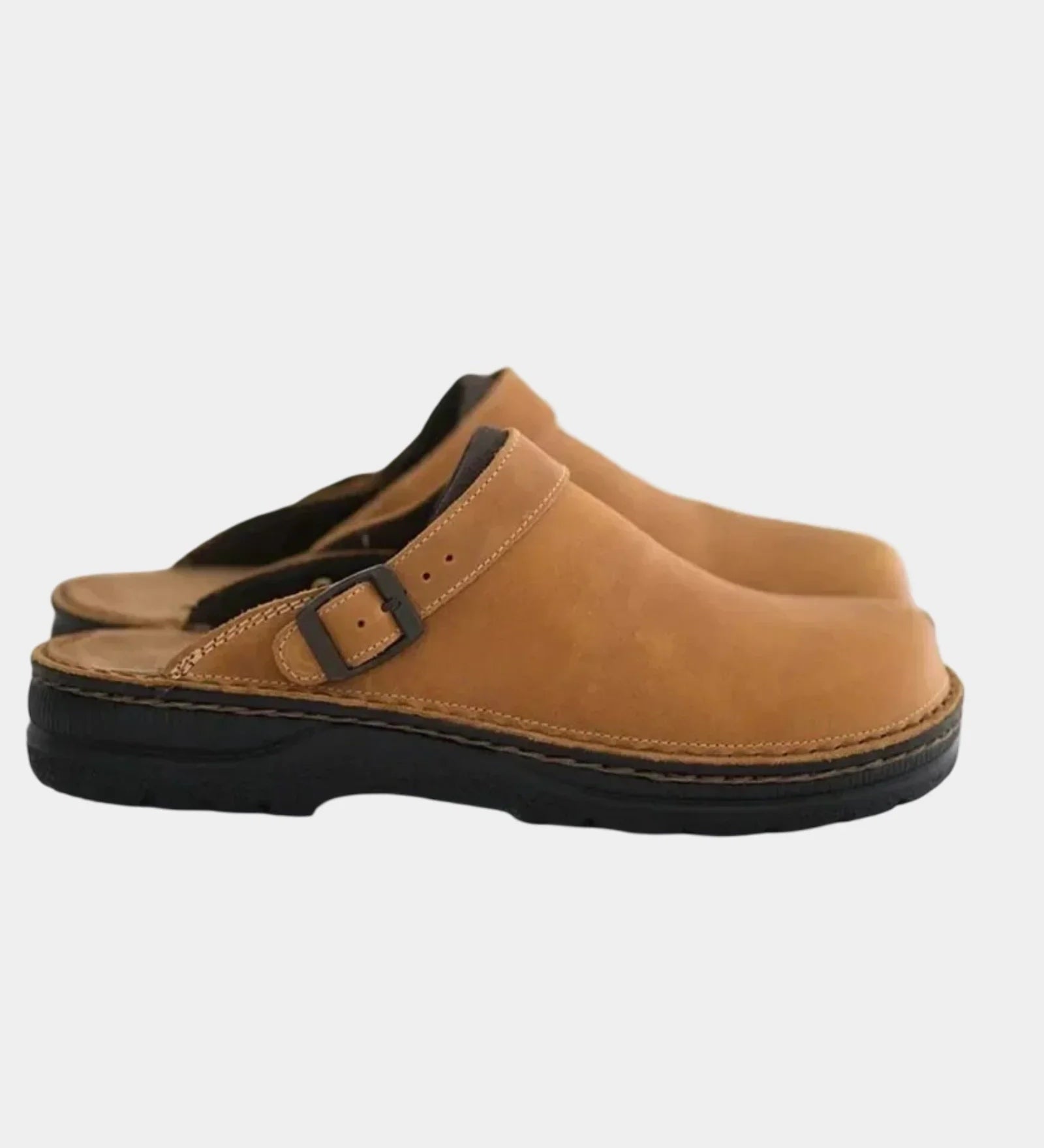 Brown suede clog with adjustable buckle strap and dark rubber sole.
