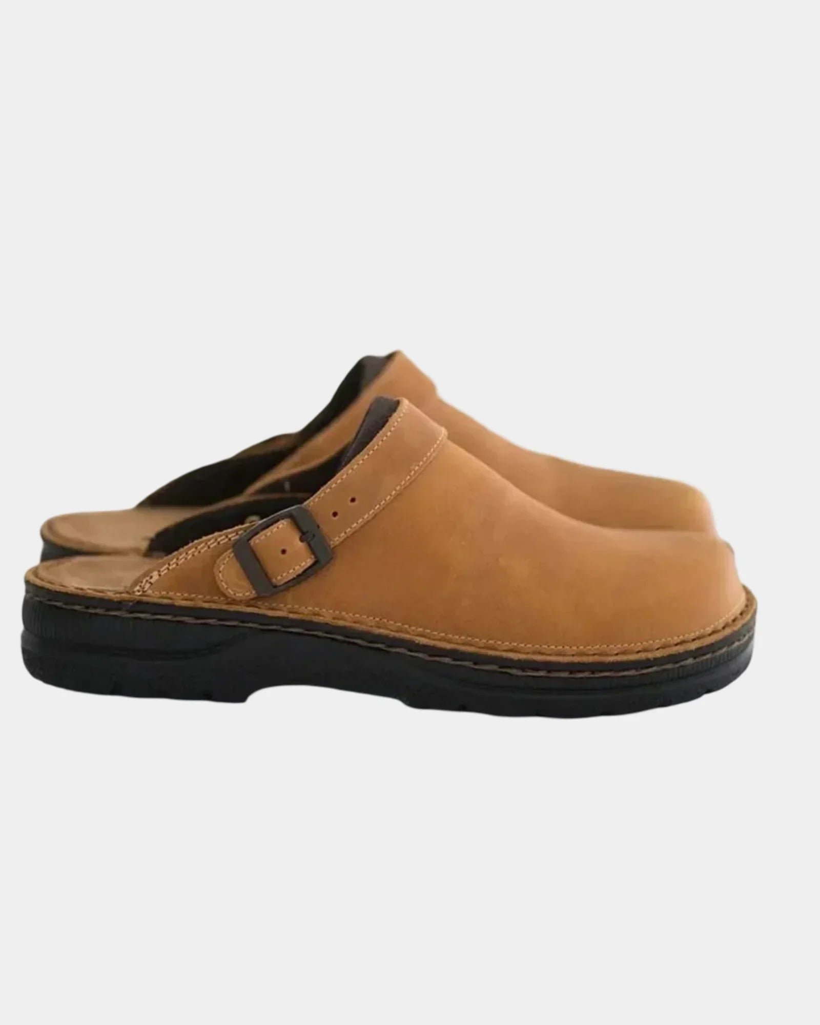 Brown suede clog with adjustable buckle strap and dark rubber sole.