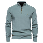 Men's teal quarter-zip knit pullover with long sleeves, ribbed cuffs, and hem