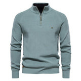 Men's teal quarter-zip knit pullover with long sleeves, ribbed cuffs, and hem
