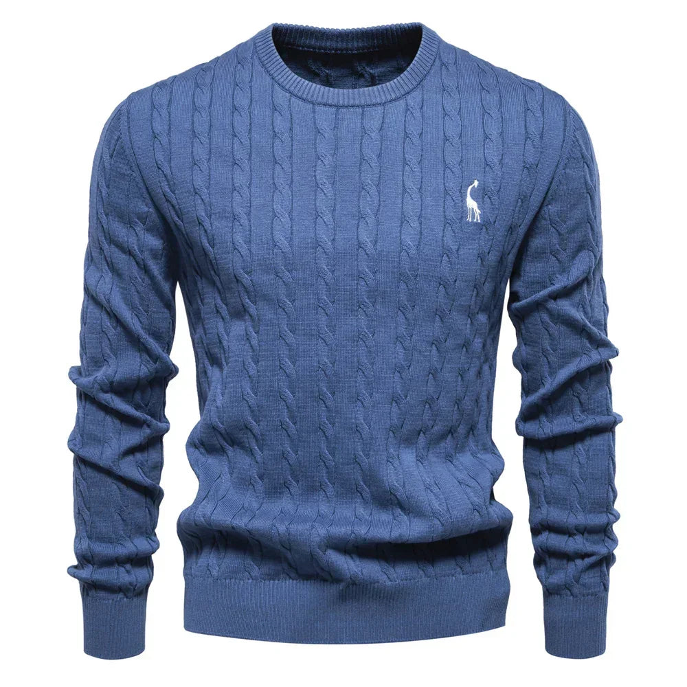 Men's blue cable-knit crewneck sweater with long sleeves and small chest logo