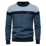 Men's crewneck sweater with light gray and dark blue color blocks