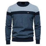 Men's crewneck sweater with light gray and dark blue color blocks