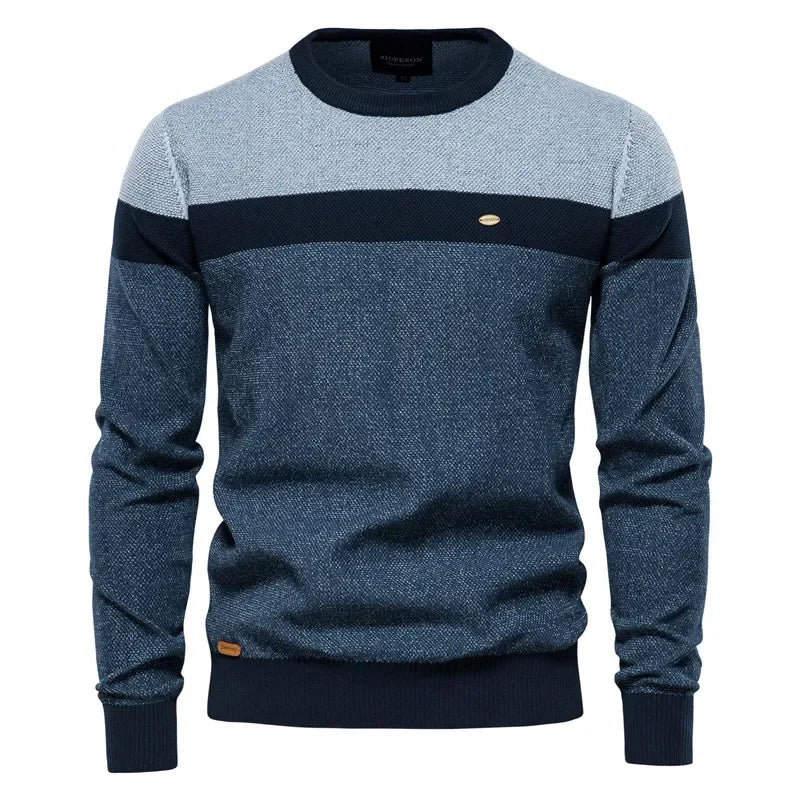 Men's crewneck sweater with light gray and dark blue color blocks