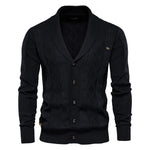 Men's knit cardigan with buttons, black color, diamond pattern and ribbed waistband