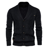 Men's knit cardigan with buttons, black color, diamond pattern and ribbed waistband