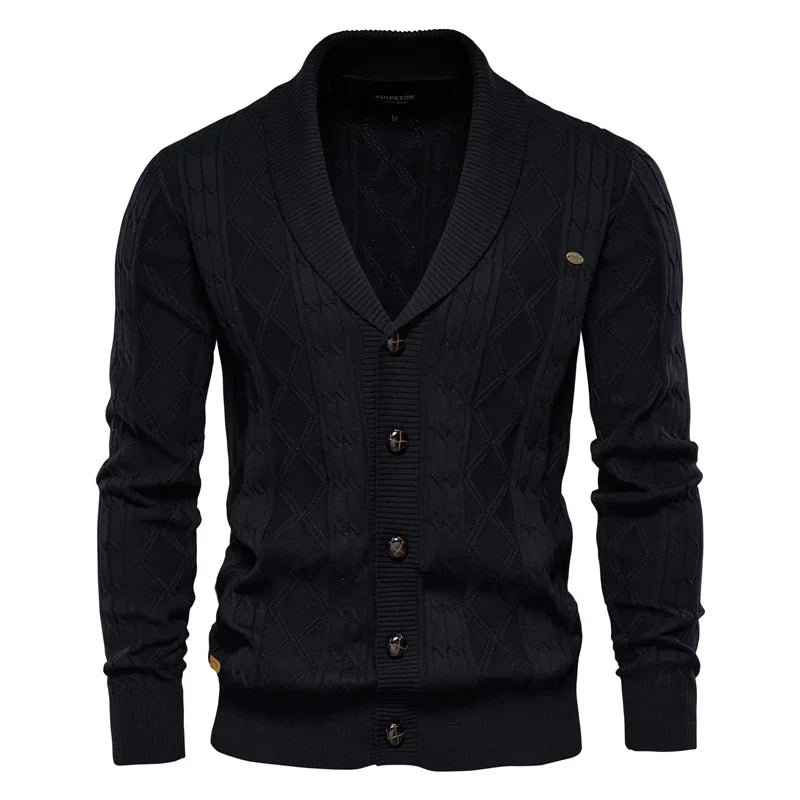 Men's knit cardigan with buttons, black color, diamond pattern and ribbed waistband
