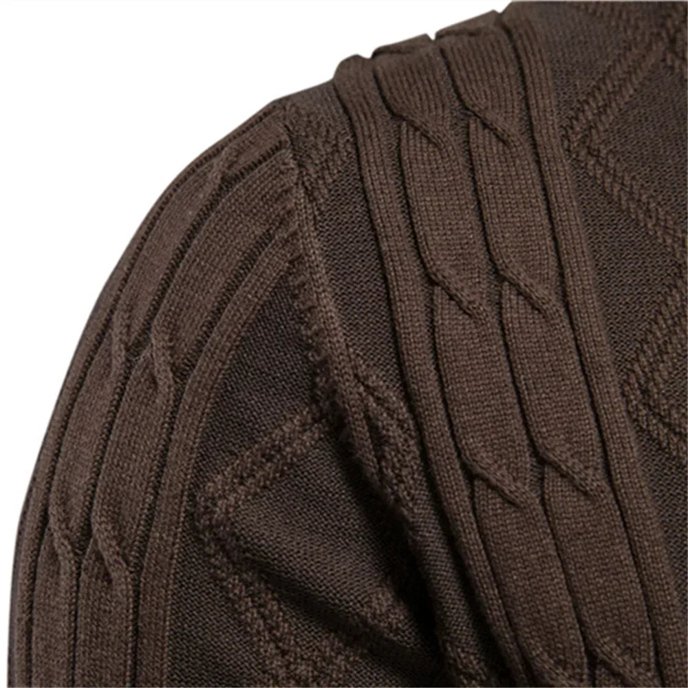 Men's knit cardigan fabric detail in brown, showing raised vertical ribbed texture