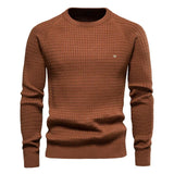 Men's brown knit pullover sweater with crew neck, ribbed cuffs and hem, small chest logo.