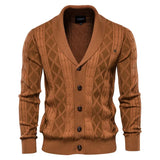 Men's knit cardigan with buttons, rust-brown color, diamond pattern and ribbed cuffs