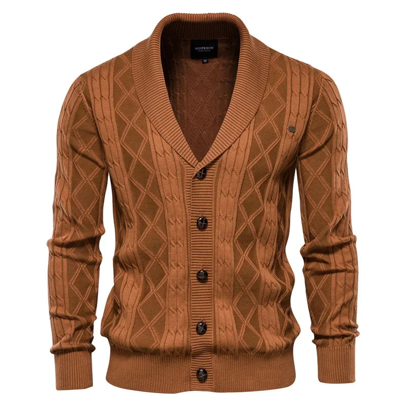 Men's knit cardigan with buttons, rust-brown color, diamond pattern and ribbed cuffs