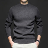 Charcoal gray high-neck knit sweater with long sleeves and ribbed hem.