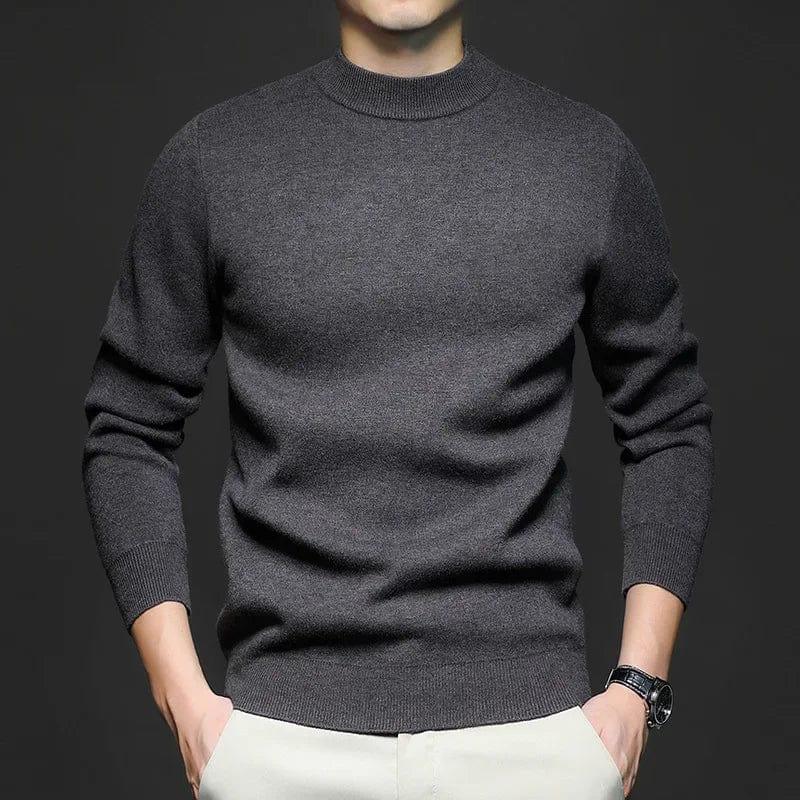 Charcoal gray high-neck knit sweater with long sleeves and ribbed hem.