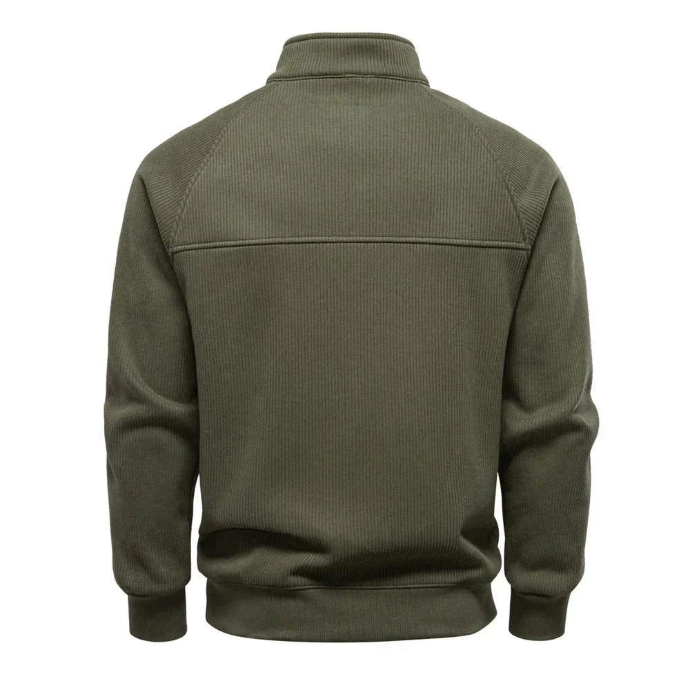 Men's olive green quarter-zip sweater, back view, with ribbed hem and cuffs.